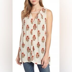 Lucky Brand Linen Tunic M Cottage Core Ribbed Knit Keyhole Neck Shark Bite Hem